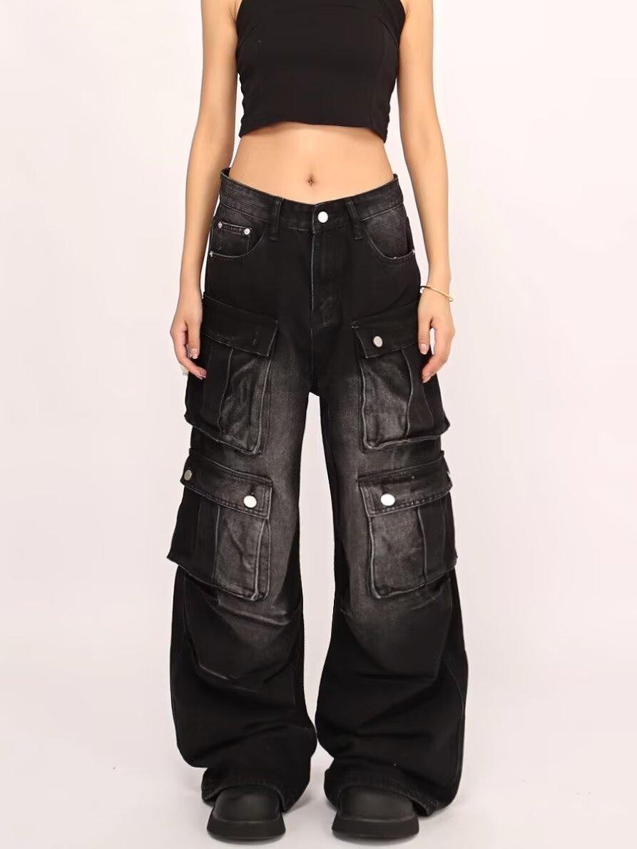 JYL Unisex Cargo Pants American Cross-Border Multi-Pocket Vintage Couple Denim M амарантовый