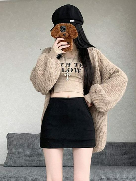 High Waist Retro Suede A-line Mini Skirt for Women