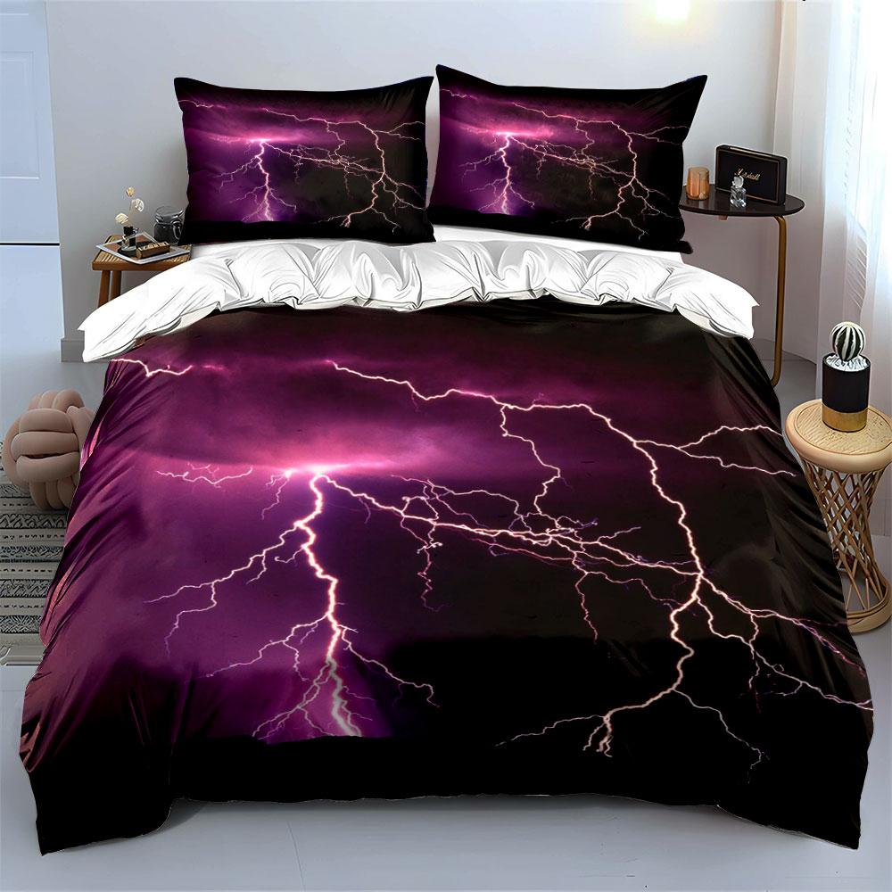 3Pcs Lightning Thunder Pattern Bedding Set Soft Duvet Cover + 2 Pillowcases Modern Techno Style Bedroom Decor Gift for Family
