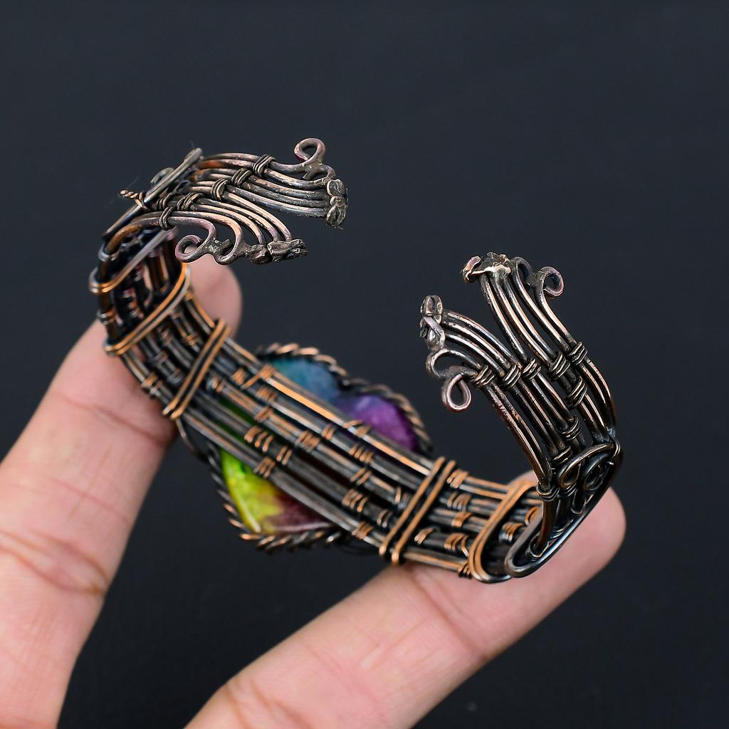 Natural Rainbow Solar Quartz Gemstone Copper Wire Wrap Bangle Adjustable z1E54