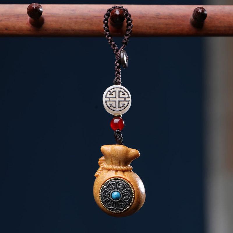 Rosewood and Green Sandalwood Qian Fudai Car Keychain Pendant and Phone/Bag Chain