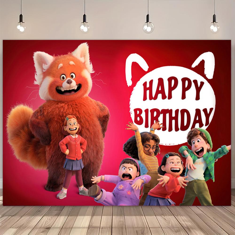 Cartoon Turning Red Happy Birthday Backdrop Banner Cute Red Panda Theme Kids Girls Birthday Party Decor Photo Background Supplie