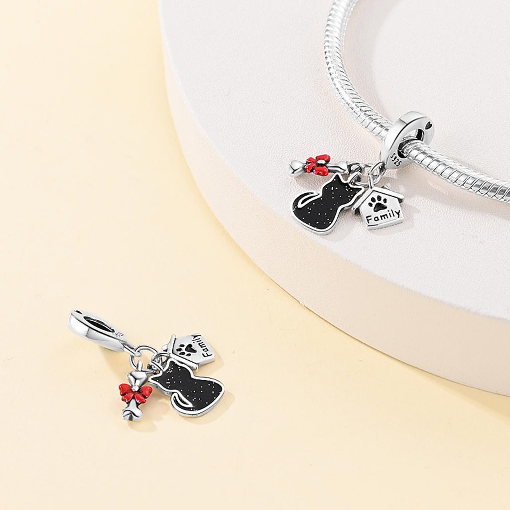 Original Copper Charms Luxury Black Cat Pendant Bow Tie Beads Fit Bracelet Diy Women Making Delicate Gift
