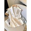Satin French Temperament Women Vest Shirts Chic Point Turn-down Collar V-neck Vest Jacket Beige Sleeveless Blouse
