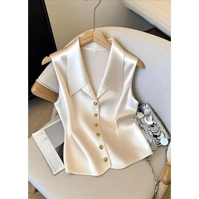 

Satin French Temperament Women Vest Shirts Chic Point Turn-down Collar V-neck Vest Jacket Beige Sleeveless Blouse M бежевый