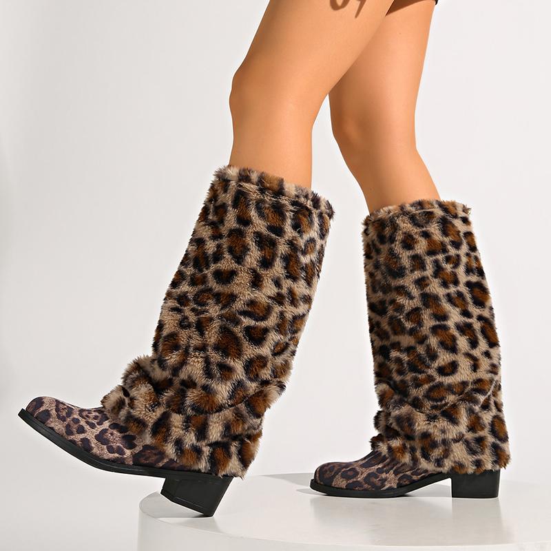 Leopard Print Faux Fur Knee High Boots Women Winter Fashion Warm Plush Long Boots Woman Slip On Chunky Heel Shark Botas De Mujer