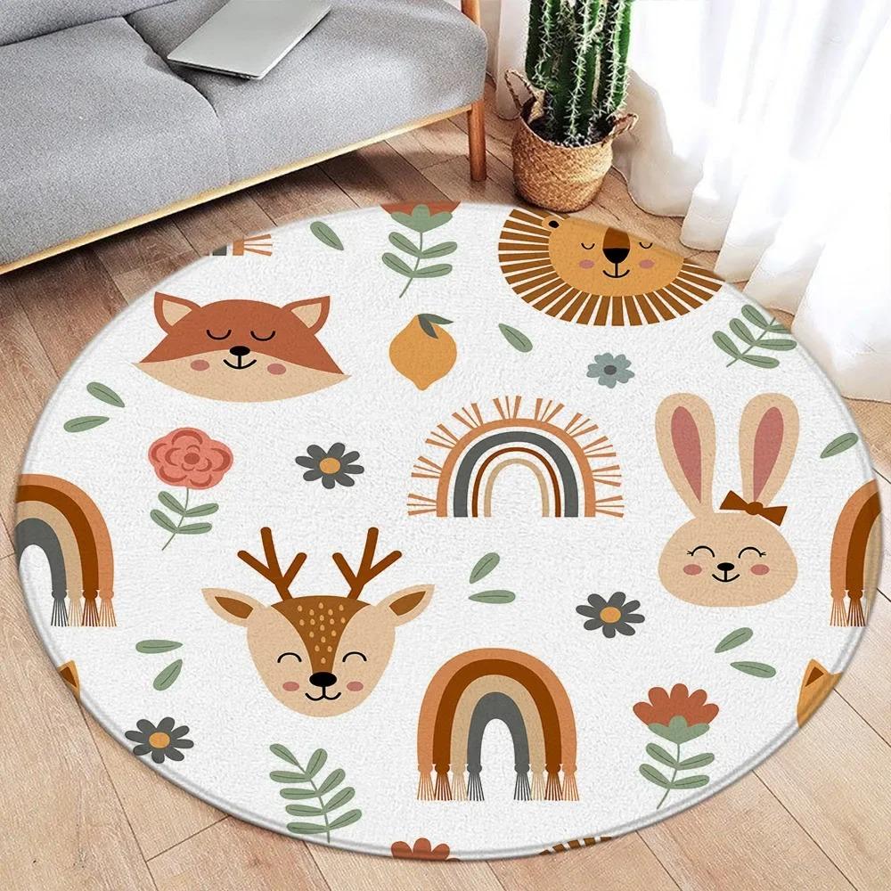 Cartoon Style Round Carpet with Ocean Fish , Whales , Dolphins , Sharks and Cute Land Animals , Kids  Bedroom Mat Decorative Mat 80X80CM