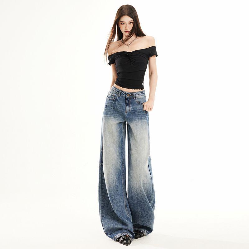 Spring Summer Vintage Cat Whisker Relax Straight Floor Wide Leg Long Denim Pants For Women Casual Pants Oversize Denim Trousers