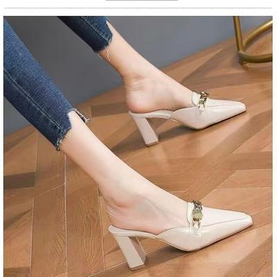 Mode Cover Toe Kette Dekoration Damen Halb Hausschuhe Outdoor Slides Med Heeled Pantoletten Schuh Luxus Square Heel Sandale