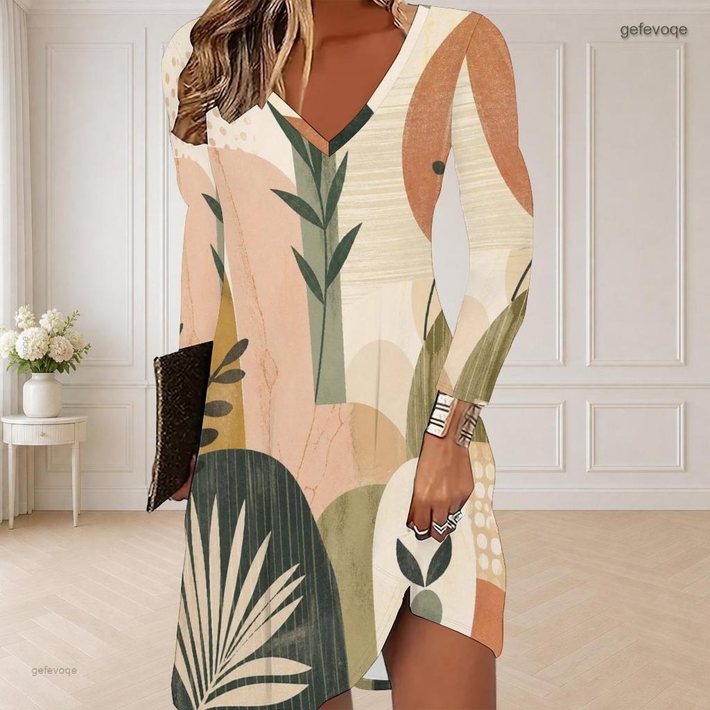 Women Plus Size V Neck Long Sleeve Abstract Leaf Print Curved Hem Casual Dress