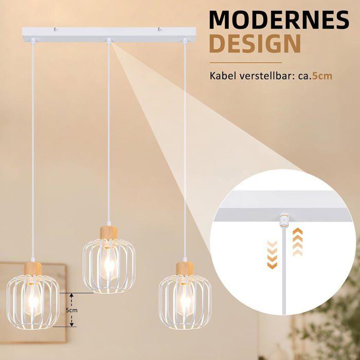 NETTLIFE Lustre à 3 ampoules en bois style moderne culot E27 blanc Convient pour la cuisine le salon et la chambre
