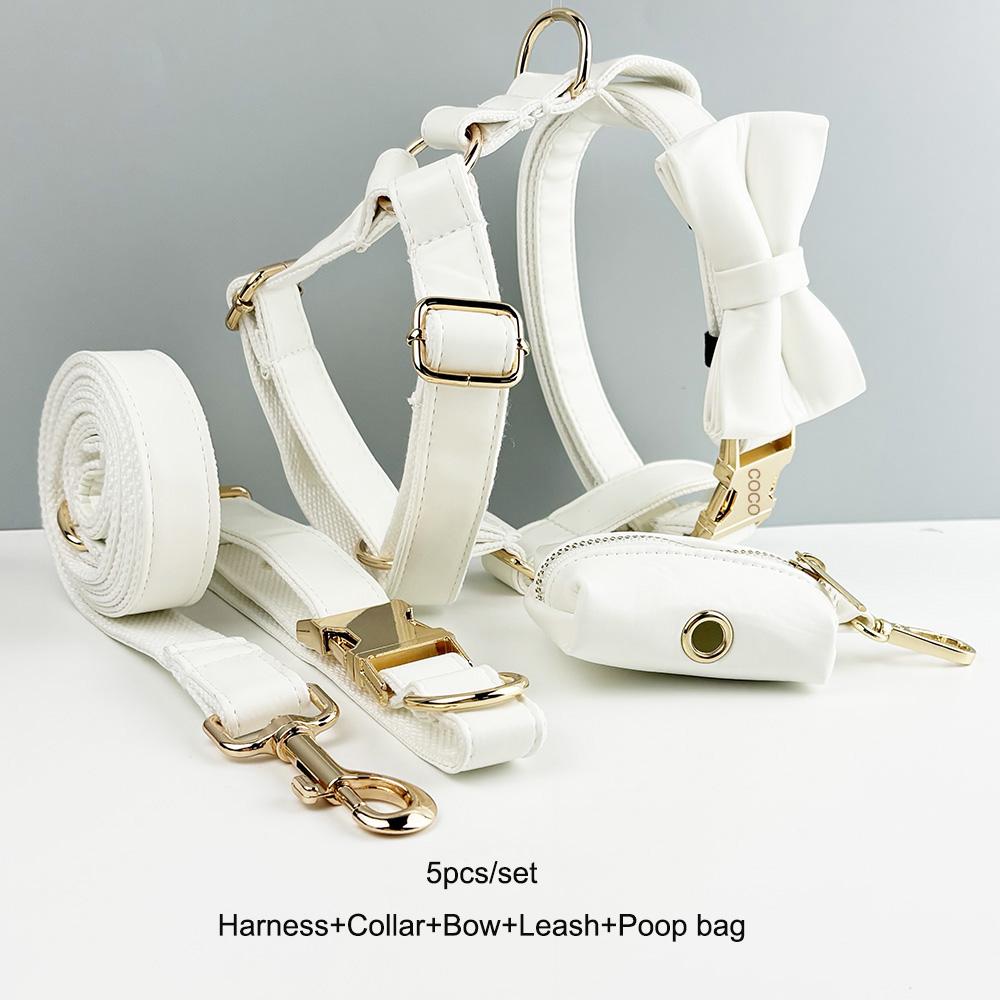 White Leather Dog Collar And Leash Set For Dogs Custom Engraved Nameplate Pet Supplies Dog Leash PU01