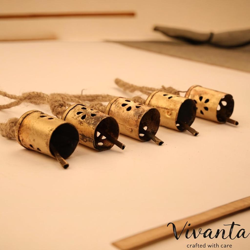 10 Pcs Rustic Gold Floral Cutout Bells with Rope, Handmade Vintage Wind Chimes for Porch, Farmhouse Christmas Tree Ornaments, Boho DIY Craft Supplies