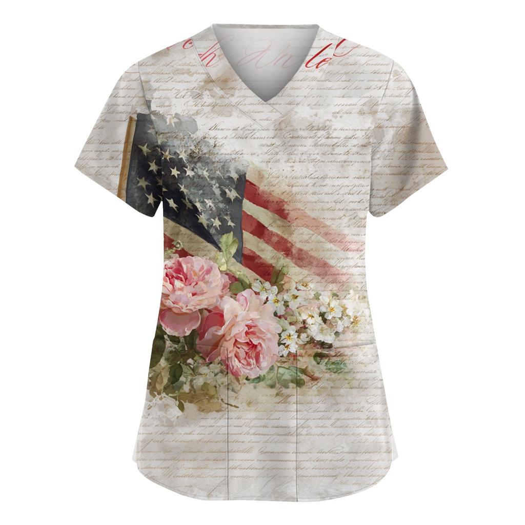 Nursing Scrub Tops for Women 250th Anniversary Usa Nurse Tops V Neck Short Sleeve American Flag Scrub Top Scrubs for Woman Sets