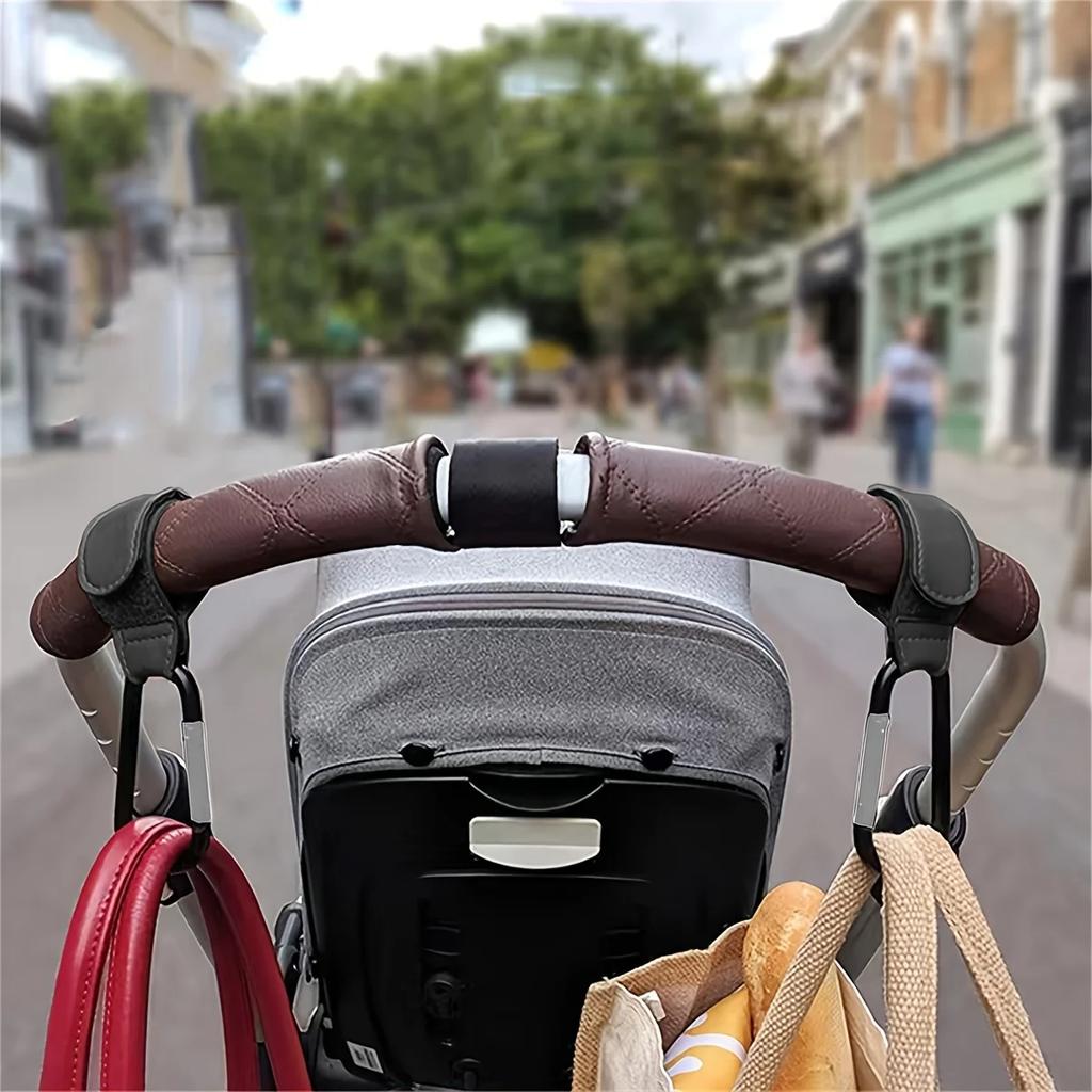 2Pcs PU Faux Leather Stroller Hooks | Portable Hanging Bag Hooks & Buckles for Strollers