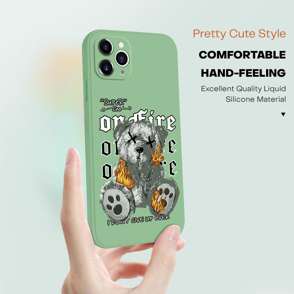 Fashion Cool Flame Bear Phone Case for iPhone 15 14 13 12 11 Samsung Galaxy A12 A52 S24 S23 Xiaomi POCO Redmi Soft Square Liquid Silicone Cover