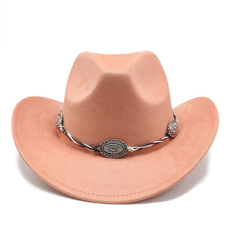 Semišový Upturned Edge Western Cowboy Klobouk Muži a ženy Outdoorový cestovní klobouk Rolled Brim Etnický styl Cylindr Plstěný klobouk