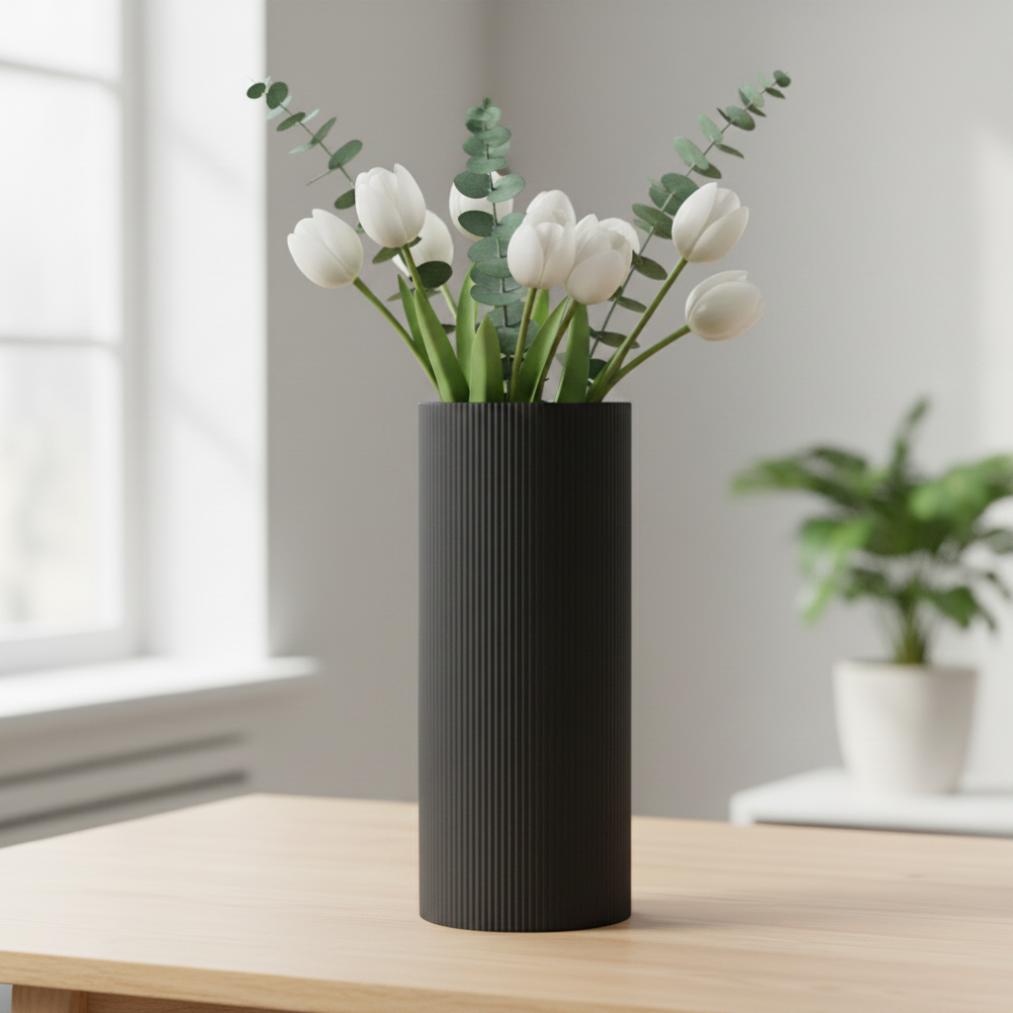 Dekorative zylindrische schwarze Vase für Blumen, klassische Form, elegant
