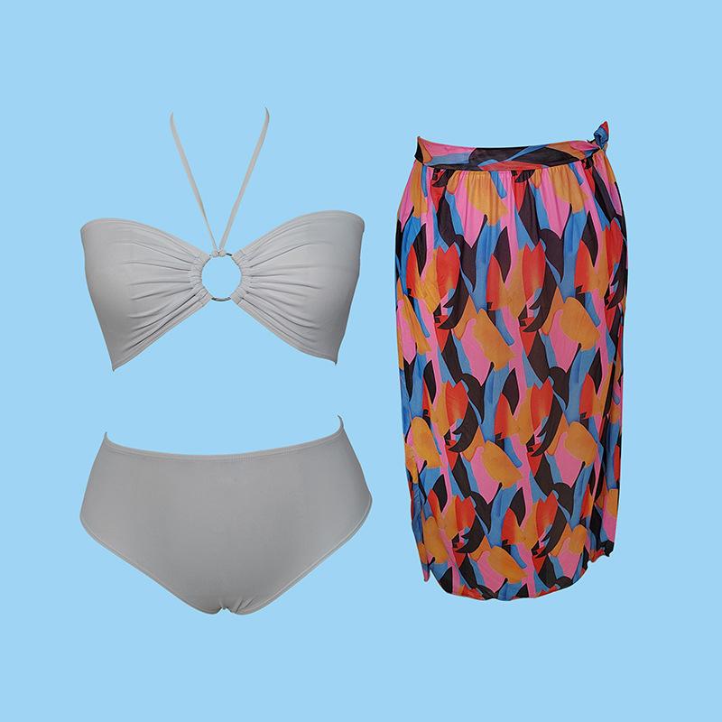 New swimsuit women's swimsuit solid color halter three-piece bikini print sexy women's bikini
