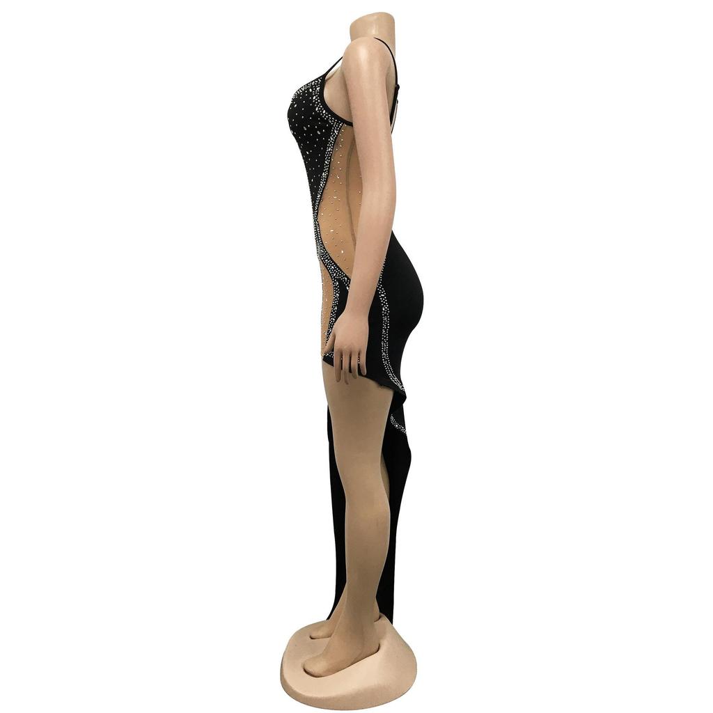 Women's Fashion Solid Color V-Neck Sleeveless Long Dress with Hot Drilling