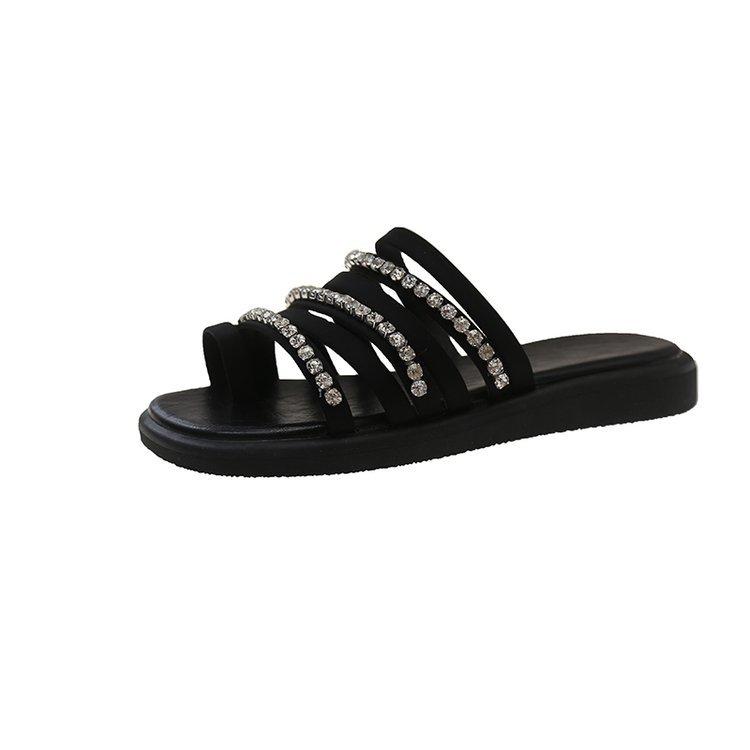 

Fairy Feng Shui diamond sleeve toe outer slippers 2025 summer new versatile flat bottom round head non-slip temperament one-word drag 35 чорний