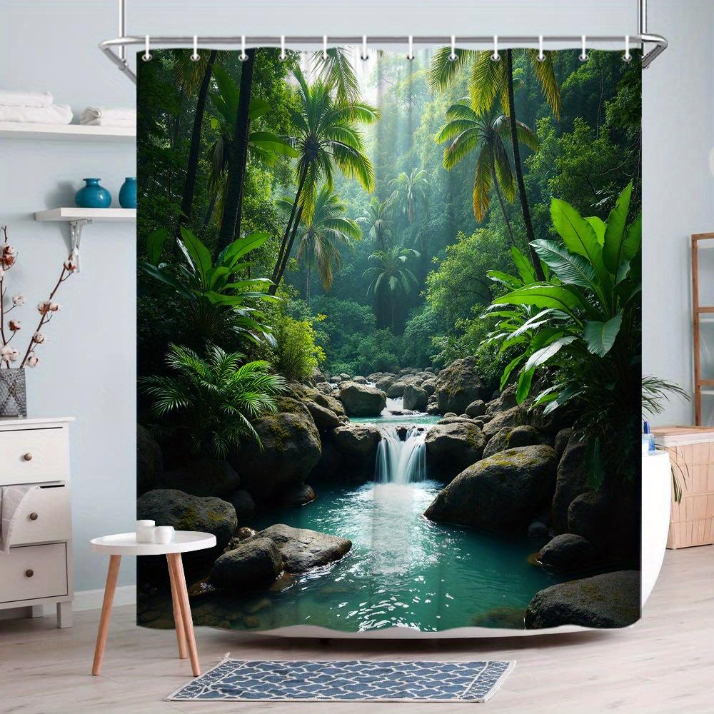Tropical Paradise Bath Curtain - Lush Palm Trees & Crystal Waterfall, Waterproof Home Decor Adds Exotic Beauty to Your Bathroom W90XH180cm