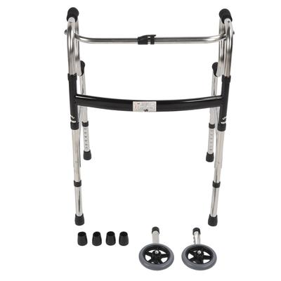 Elderly Walker 6 Height Adjust 4 Legs Stainless Steel Senior Folding Walker with Wheels Double Bend