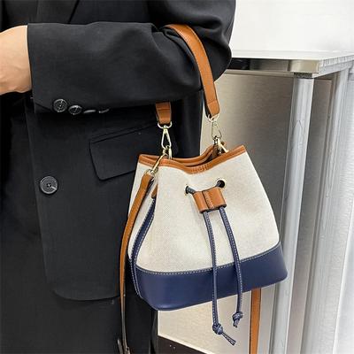 Eimertasche mit Kordelzug in Kontrastfarbe für Damen, Herbst, neue Mode, Canvas-Handtaschen, große Kapazität, Umhängetasche