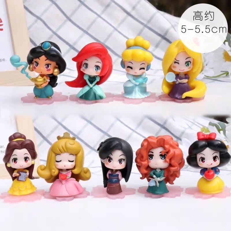 9Pcs Q Version Cute Princess Figures 5-5.5Cm Height Desktop Ornament Snow White Kids Birthday Collectible Gift Toy Anime Model