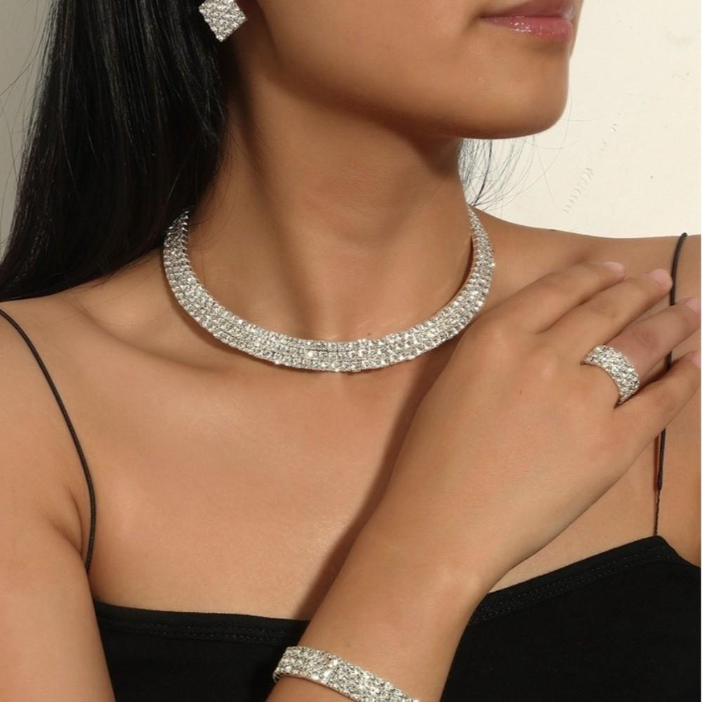 4Pcs Shiny Bridal Jewelry Set Multilayer Rhinestone Choker Special Occasions