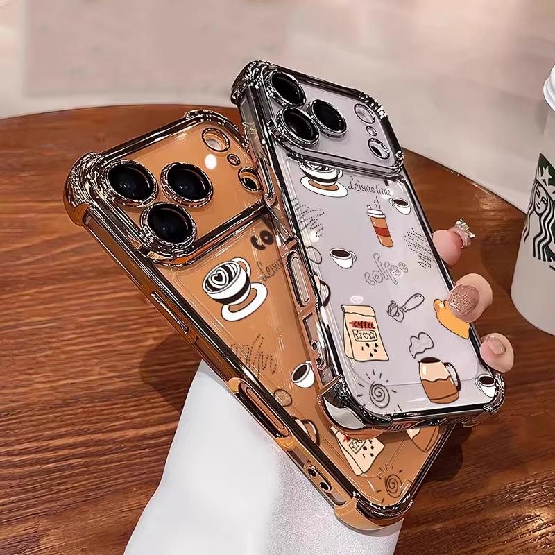 Coffee Afternoon Tea Pattern Phone Case For iPhone 17 Pro Air 16 15 14 13 12 11 Pro Max Plus Shockproof Soft Clear Plating Cover