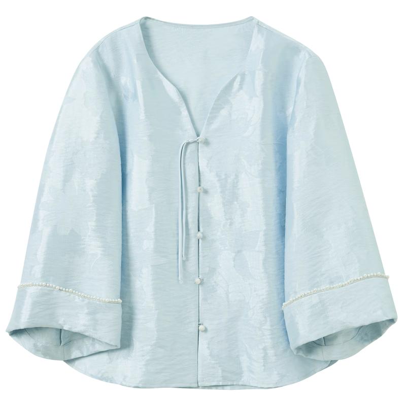 Sancai V-Neck Jacquard Cardigan with Chinese Knot Buttons S