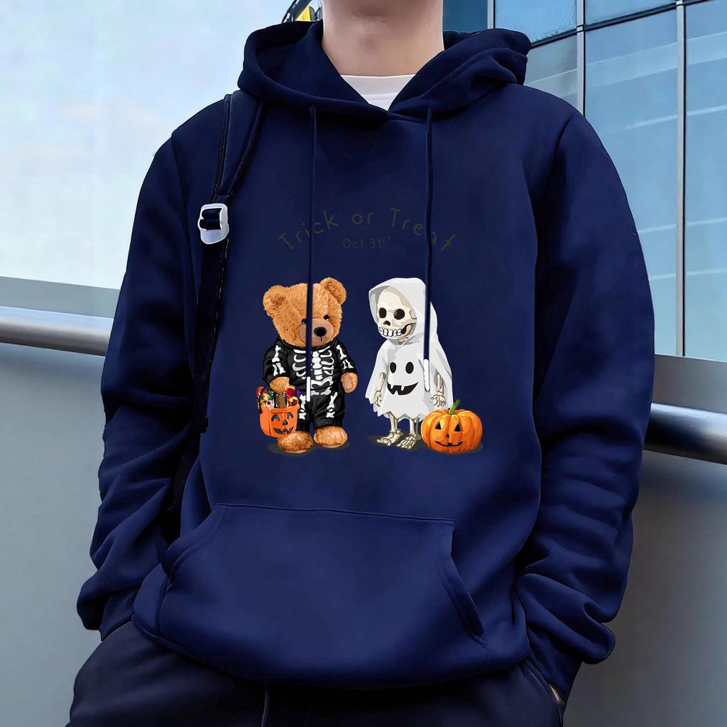 "Halloween Bear"Men's Casual Hoodies Fleece Hip Hop 250g/m² Solid Pullover Sweatshirt Men Sportswear Clothing Sweatshirt Men's Clothing