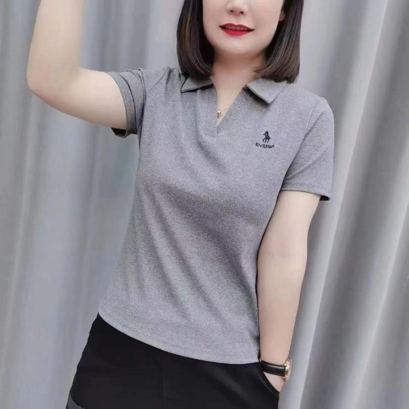Damen Slim Fit Poloshirt Kurzarm V-Ausschnitt Lässig Einfarbiges Oberteil