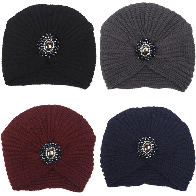 2016 New Fashion Ladies Metal Jewel Accessory Winter Warm gem Turban Soft Knit Headband Beanie Crochet Headwrap Women Hat Cap