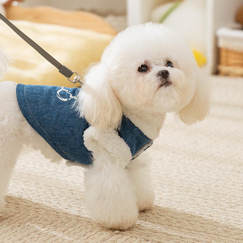 Dog Cotton-padded Clothes Thickened Warm Medium and Small Dog Bear Embroidered Denim Traction Two-legged Cat Teddy Pet Clothes
