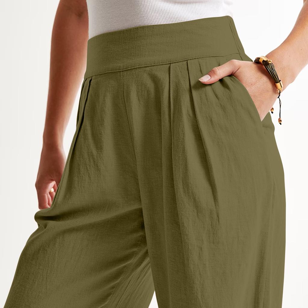 Women'S Summer Linen Blend Ultra Wide-Leg Pant Long Slacks High Waist Trousers Pocket