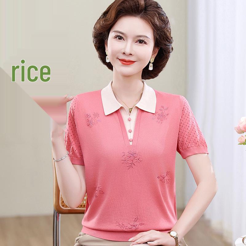 

Stylish Summer Ice Silk Knit Top: Short-Sleeve Lapel Design for Middle-Aged and Elderly Women 4XL (recommended for 135-150 jin) томатный/красный