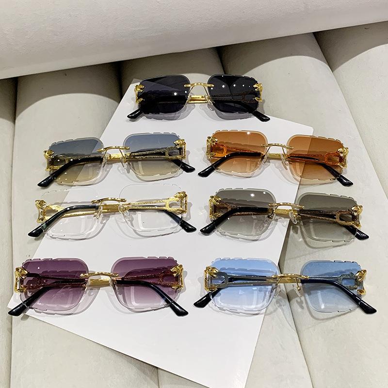 Rimless Square Cut Edge Sunglasses Metal Cheetah Frame Sun Glasses Traveling UV400 Design Double Bridge Vintage Eyewear Outdoor