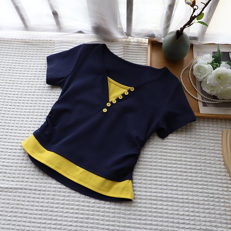 2025 Korean Style V-Neck Color Block Waist-Slimming Two-Piece Look Short-Sleeve T-Shirt