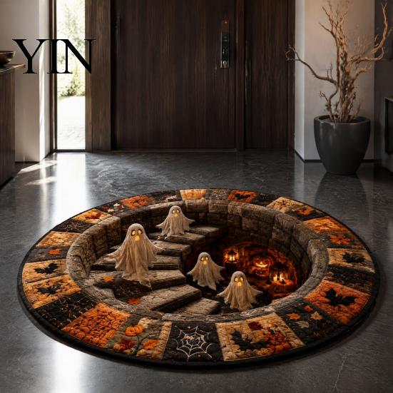Soft Crystal Velvet Rug 3D Illusion Halloween Rug, Quilted Look Round Area Creepy Deep Pit Holiday Gift for Friends Design, Non-Slip Floor Mat Living
