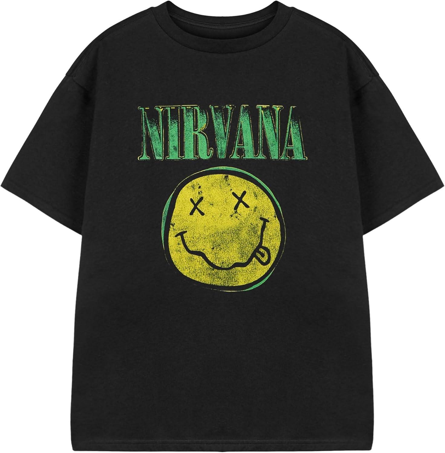 

Детская черная футболка Nirvana с коротким рукавом _ Футболка с желтым логотипом для детей _ Унисекс одежда для подростков с принтом музыкальной группы в стиле гранж S чёрный