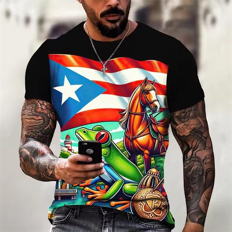 Summer Round Neck Puerto Rico Flag Pattern 3D Print Top Fashionable Casual Short Sleeved Men's T-shirts