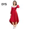 Christmas Performance Dress Fluffy Square Neck Pure Color A-line Irregular Hem Button Decor Festive Stage Show Santa Cosplay Costume New Year Party