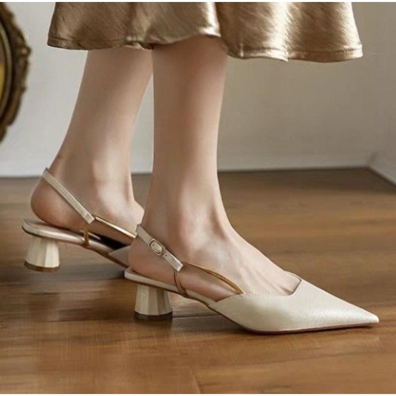 Fashion New Style Fashion Women's French Satin Style Sandals Spring Women Baotou Mid Heel Design Luxury Pointed Versatile Single Shoes