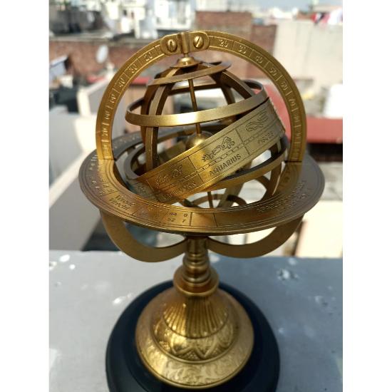 Armillary Sphere Brass Astrolabe On Wood Base ~Maritime Nautical Collectible ~ Table Décor Celestial Globe Retro Gift