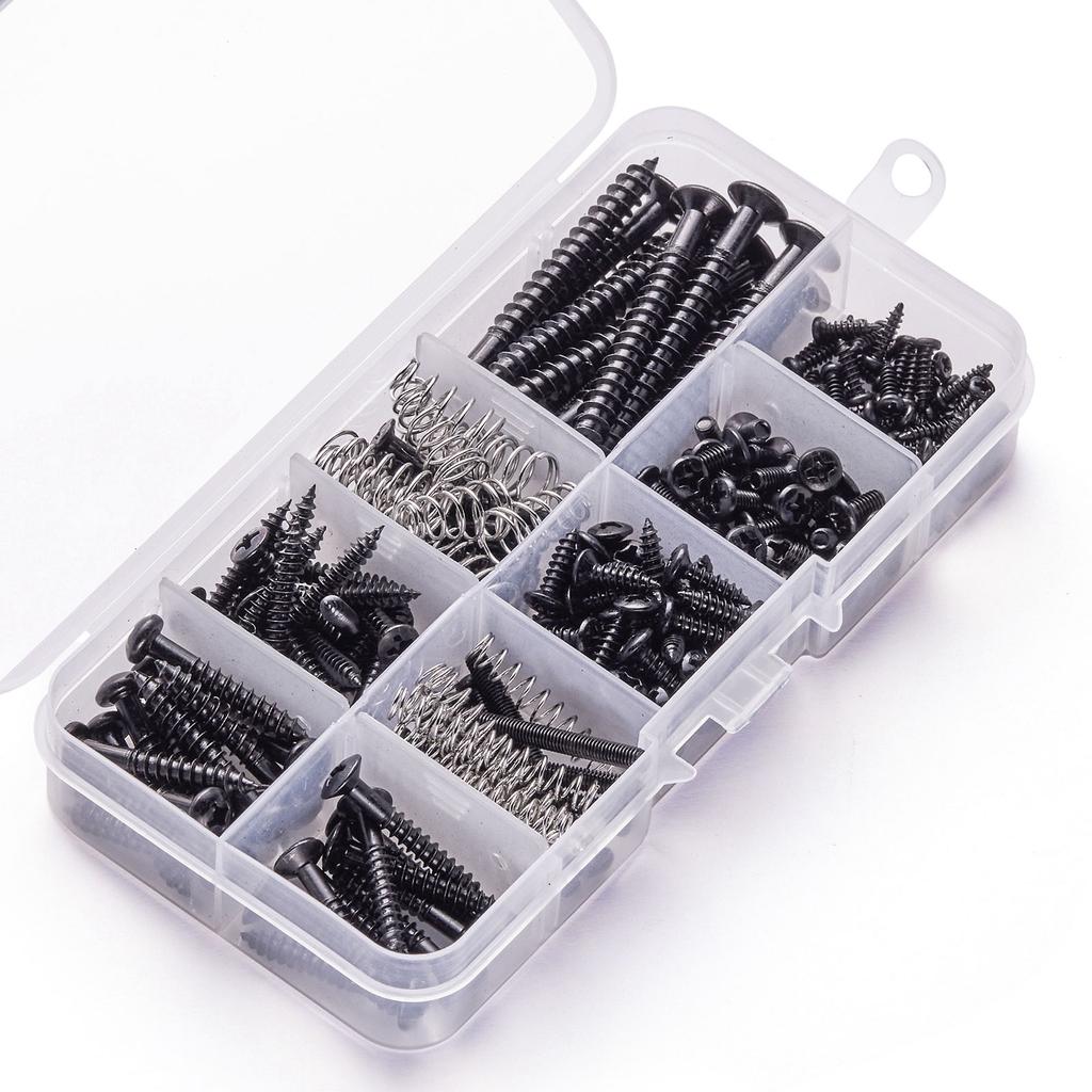 Guitar Screws Assortment Box Kits for Electric Guitar Tuner, Switch, Neck Plate, with Springs, 9 Types, Total 173 Pieces