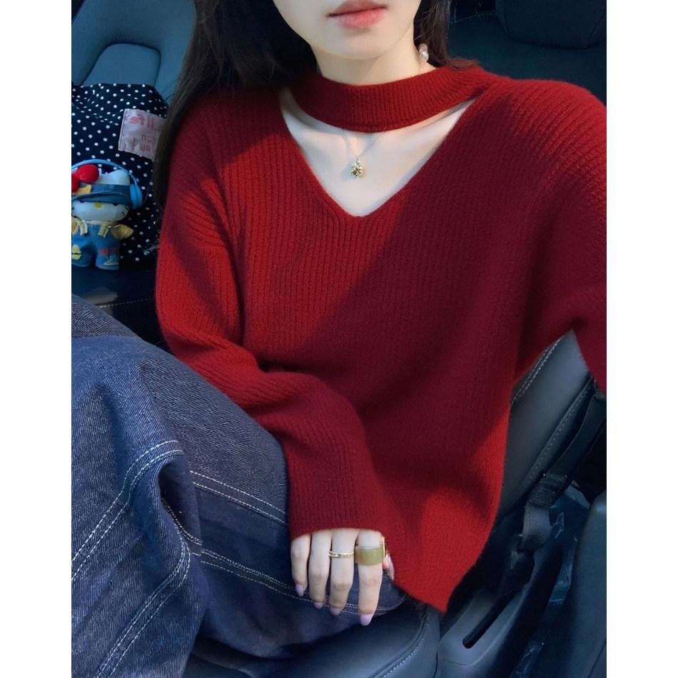 Korean Style Red V-Neck Halter Knit Sweater for Women - Autumn/Winter