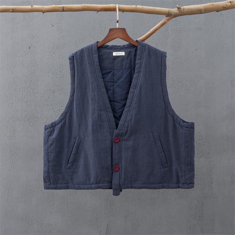 

25 winter new cotton and linen women s clothing literary retro ramie buckle warm cotton shoulder women s cotton linen padded thickened horse average size темно-синий