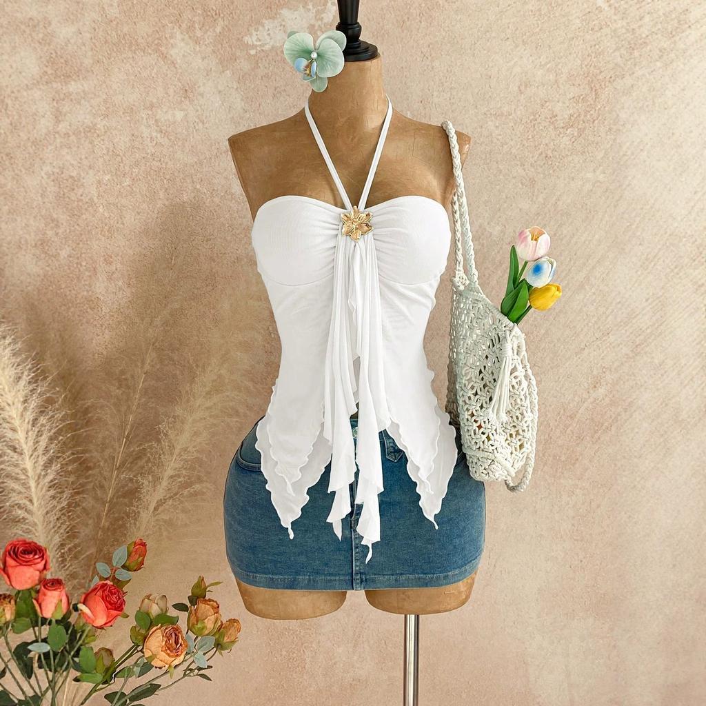 Women Solid Color Halter Backless Irregular Hem Mesh Camisole Top